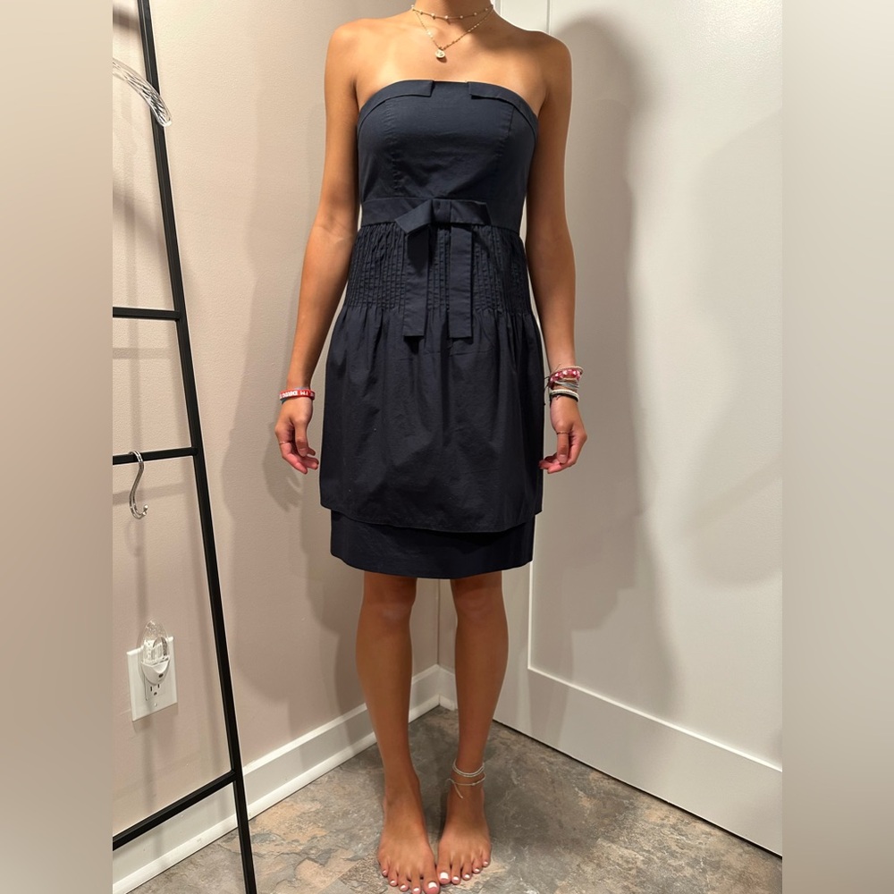 Anthropologie “Maple” navy cotton strapless pin tuck detail dress size 2/4